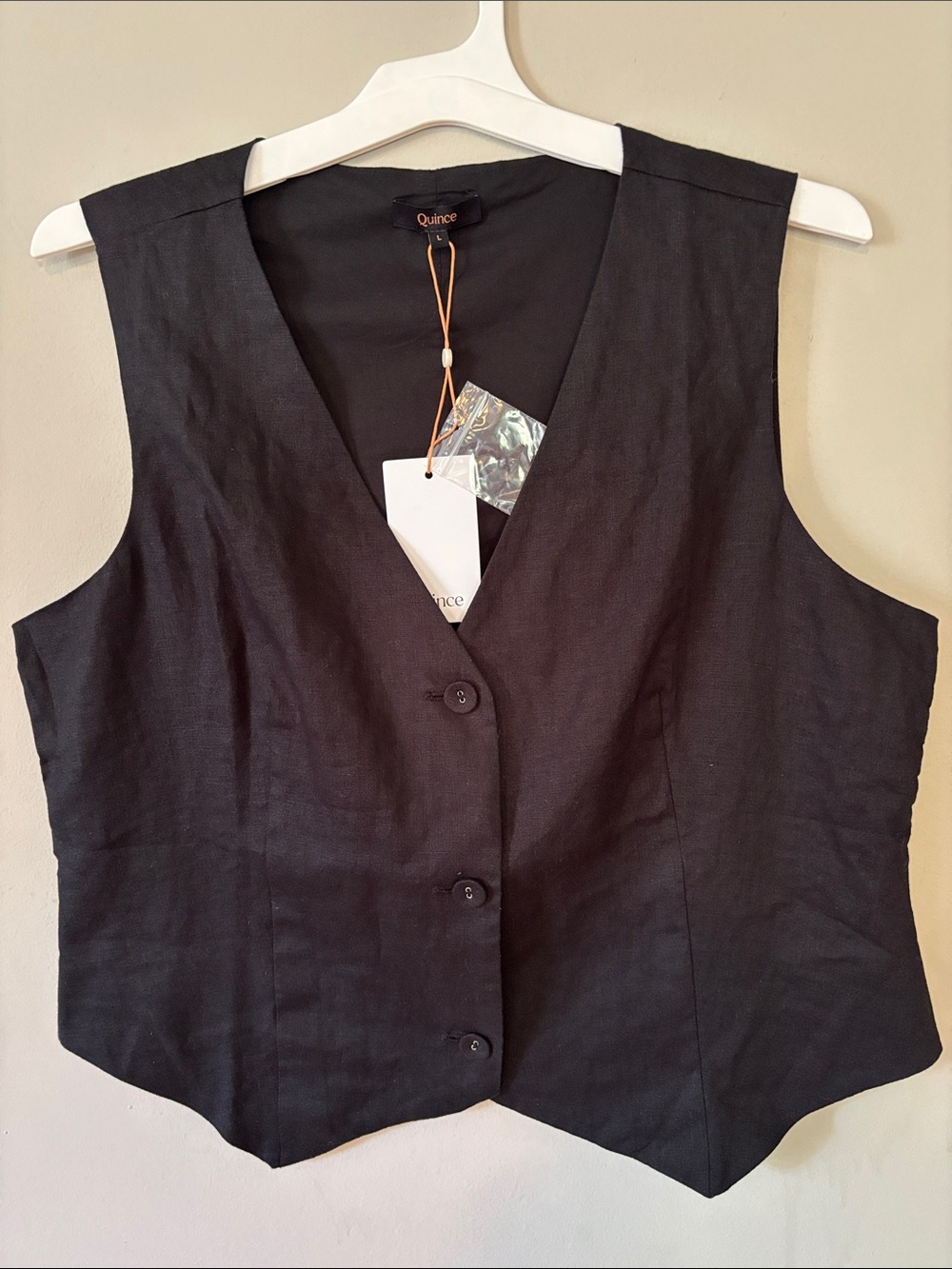 NWT Quince 100% European Linen Vest Black Women's Size L V-Neck Waistcoat Top